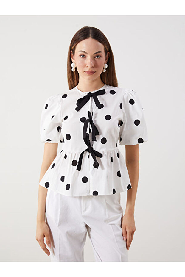 Crew Neck Polka Dot Blouse with Bow on the Front