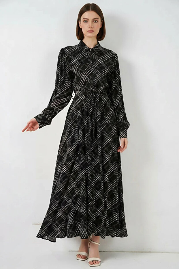 Women's Buttoned Viscose Black Hijab Dress