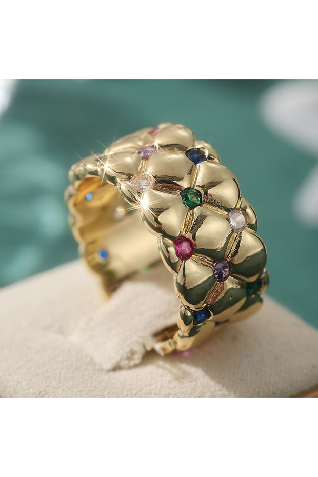 7 Gold-color B436 Temperament Colorful Synthetic Zirconia Inlaid Golden Plated Wide Ring Women's Vin