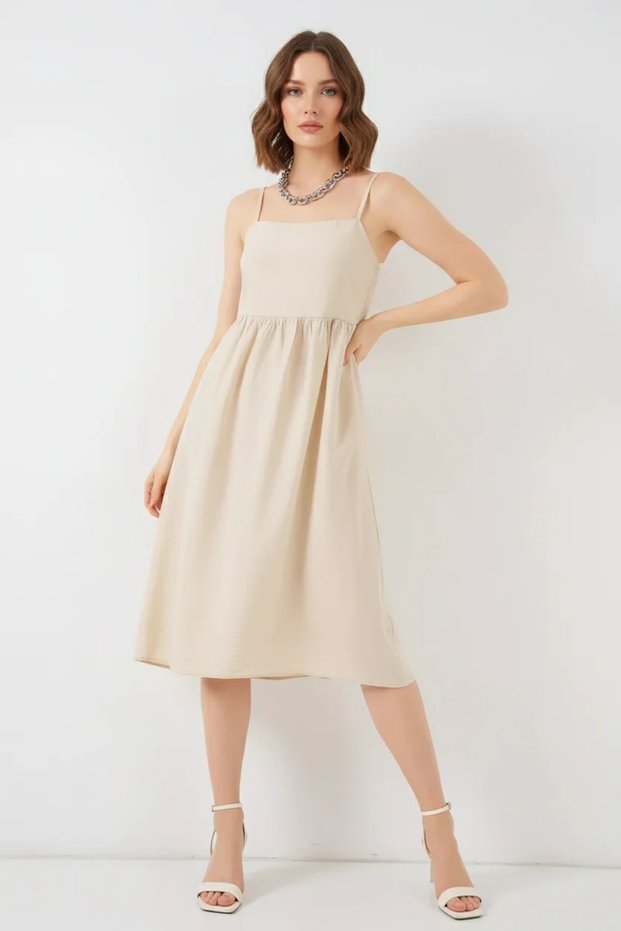 Women's Strappy Belted Viscose Cream Dress