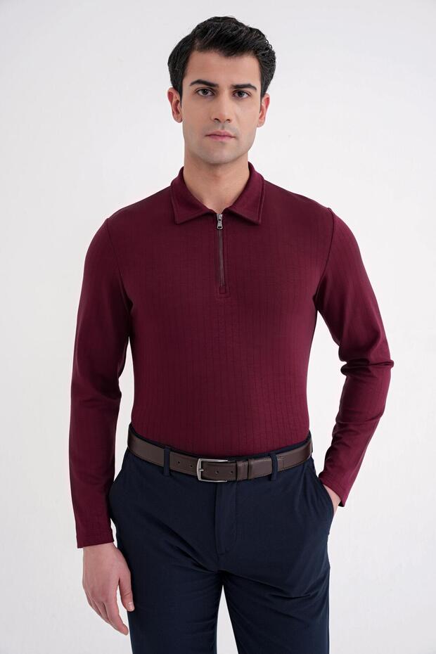 Comfort Fit Cotton Zippered Polo Collar Long Sleeve Claret Red T-Shirt Ts 919