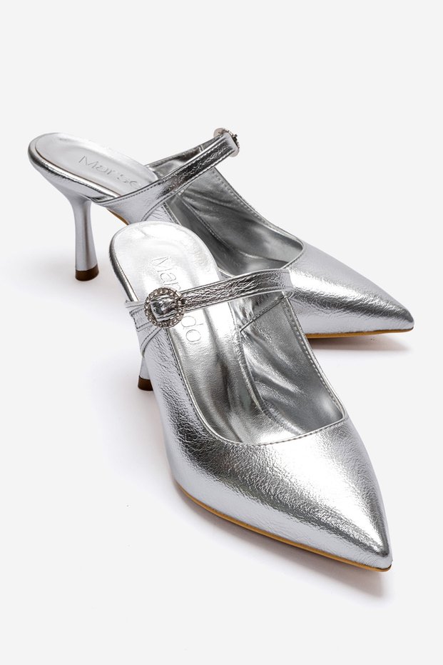 Women's Heeled Slippers Pointed Toe Stone Buckle Stylish Evening Dress and Casual Slippers Alexa Silver