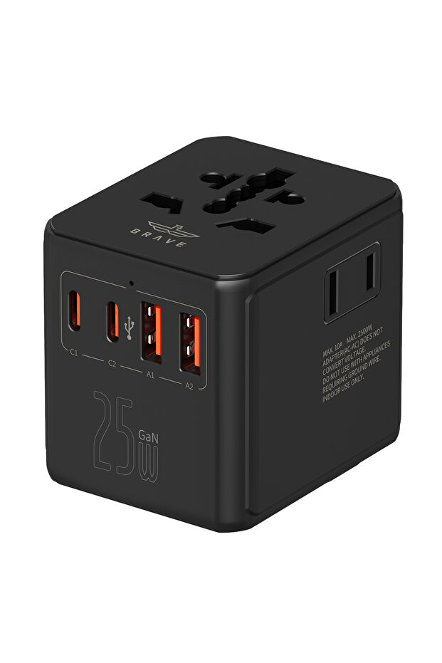 BTC-47 25W GaN Universal Travel Adapter with 3 AC Sockets, 2 USB-C & 2 USB-A, 10A Fuse, Worldwide Plug for 200+ Countries - Black