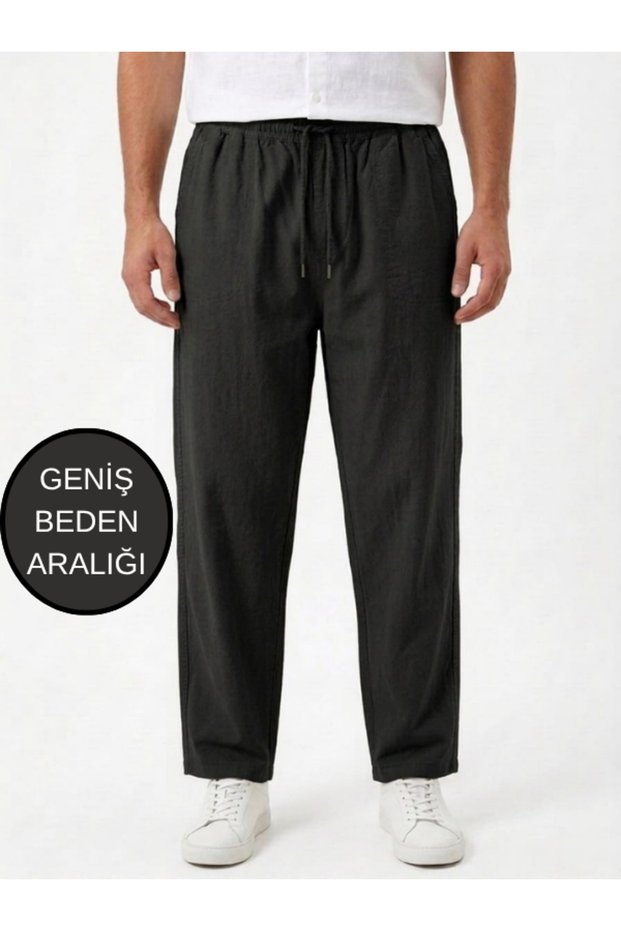 Men's Linen Look 100% Cotton Relaxed Trousers with Elastic Waist