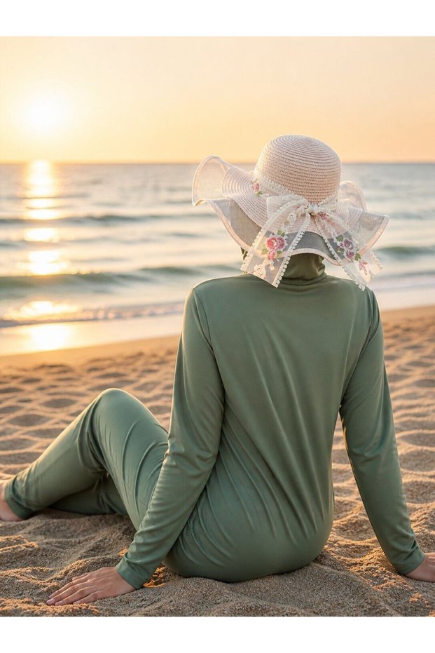 Tulle Detailed Floral Ribbon Straw Hat Powder