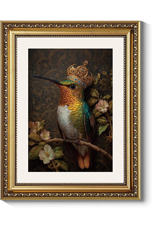 Premium Royal Hummingbird Canvas Wall Art Gold Frame 30x40 cm Decor