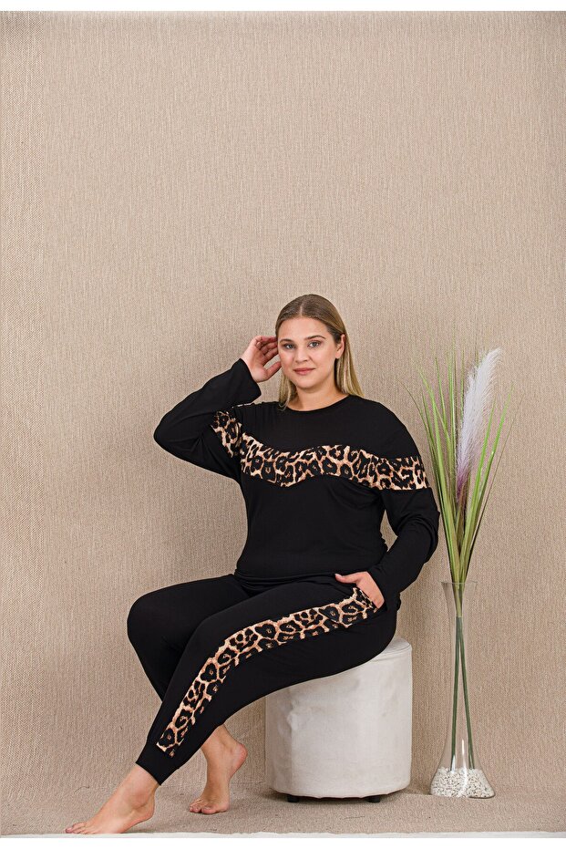 Patterned Long Sleeve Plus Size Pajama Set - 2