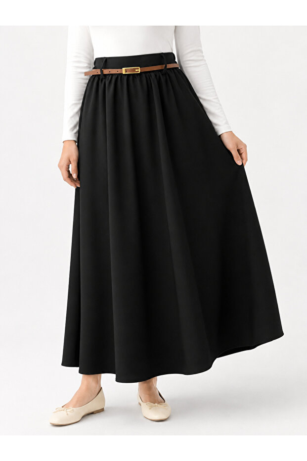 Drawstring Belt Detail Dubai Skirt-Black