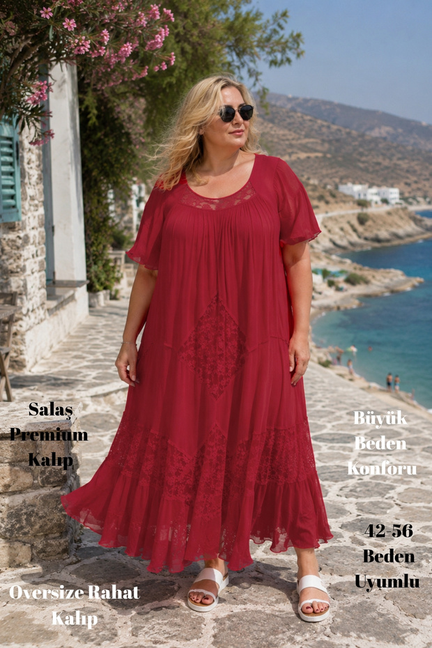 - Bohemian Lace Detailed Flounced Viscose Maxi Dress O1703-Red