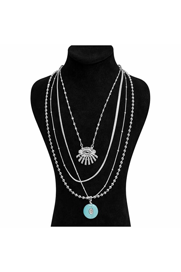 Steel Turquoise Stone and Sparkling Eye Figured 4-Piece Combination Necklace Set Silver Color