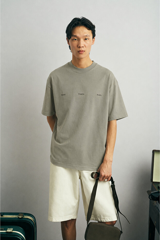Unisex Gray Oversize 100% Cotton Front Printed Crew Neck Street Style T-Shirt Creative