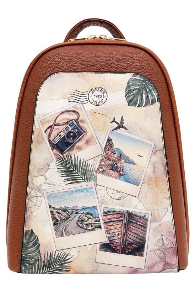 Women's vegan leather brown backpack - ink and pictures design