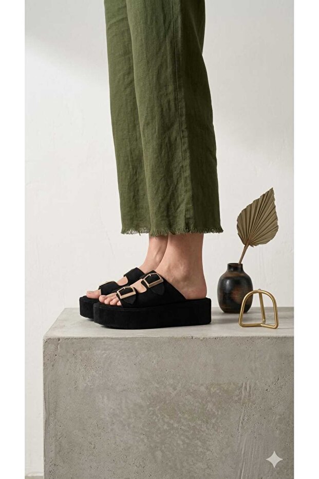 Melinta Black Suede Double-Strapped Women's Slippers