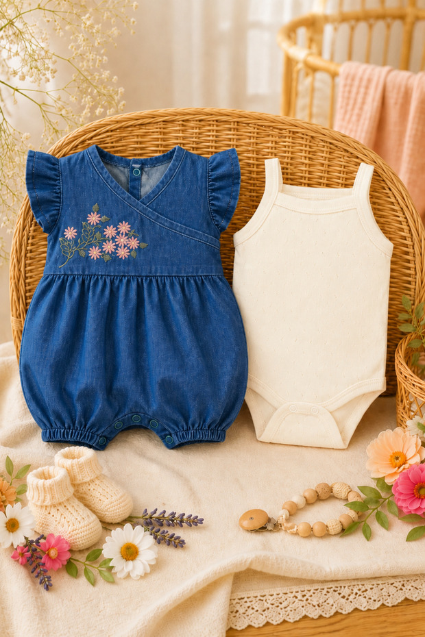 Baby Girl Denim Jumpsuit with Embroidered Ruffle Sleeves and Perforated Thin Straps Bodysuit Summer Stylish Comfortable Cotton