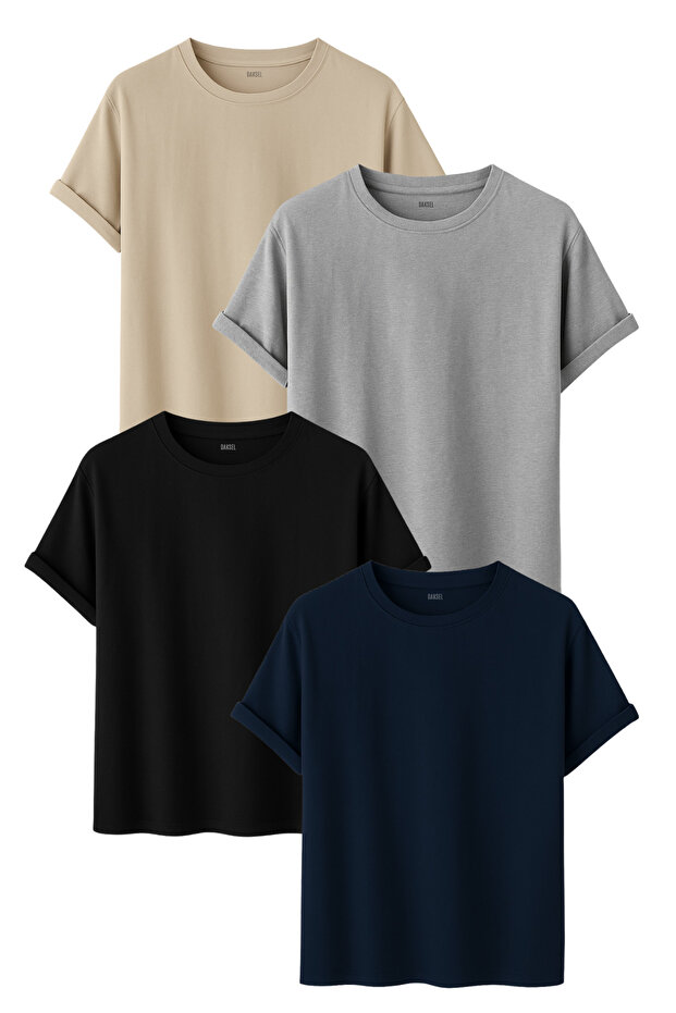 Men's 4-Piece Basic T-Shirt Pack Stone Gray Black Navy Blue Color Relaxed Fit Cotton T-Shirt
