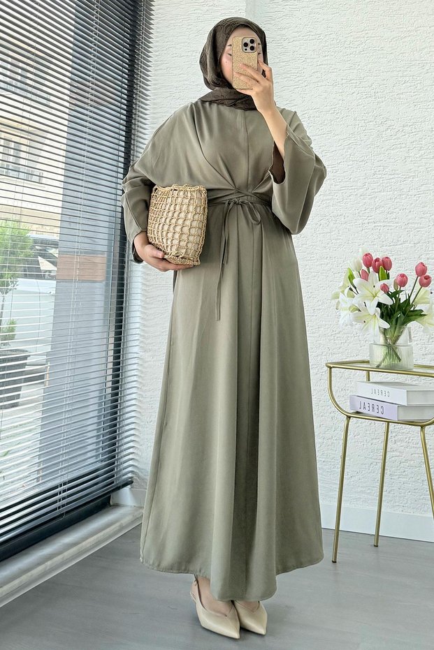 Pinterent Waist Tie Detail Bat Sleeve Dress - Khaki