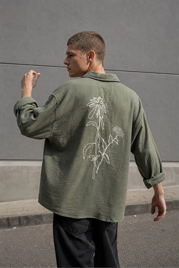 Men's Oversize Breathable 100% Cotton Embroidered Khaki Muslin Shirt Ls-13047