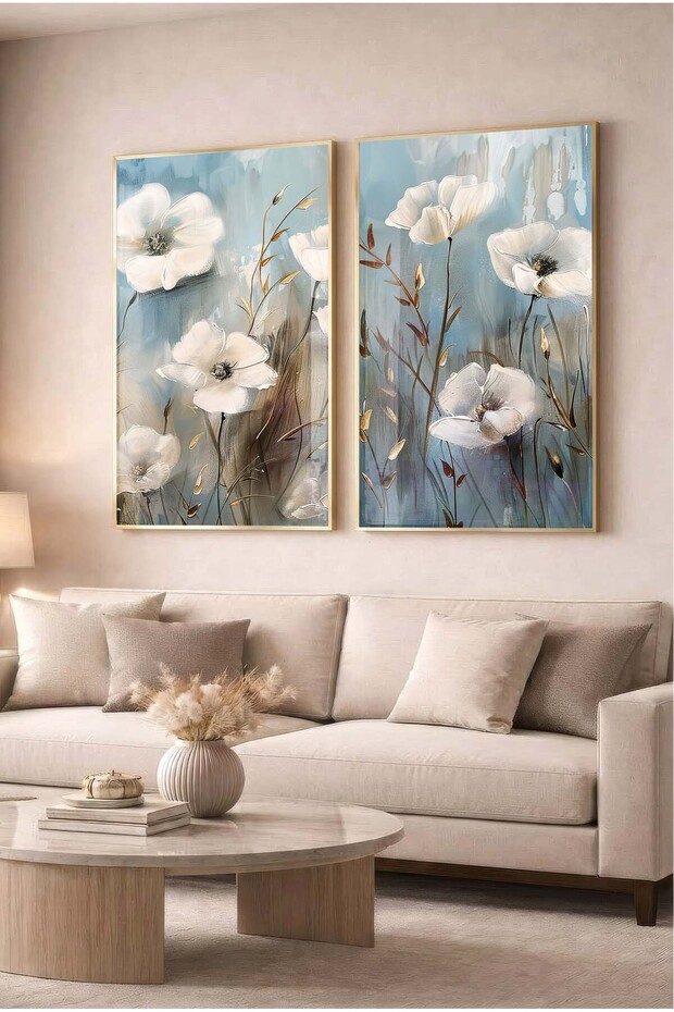Blue and White Floral Modern 2-Piece Glass Painting Set - Gold Metal Framed Home and Office Painting