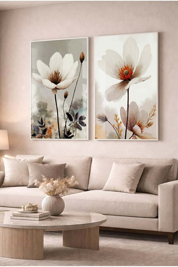 Soft White Floral Modern 2-Piece Glass Painting Set with White Metal Frame for Home and Office
