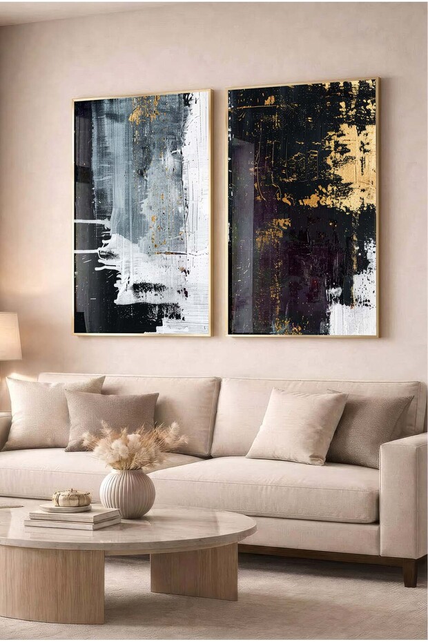 Luxury Anthracite and Gold Foil Patterned 2-Piece Glass Table Set - Gold Metal Framed Home and Office Table