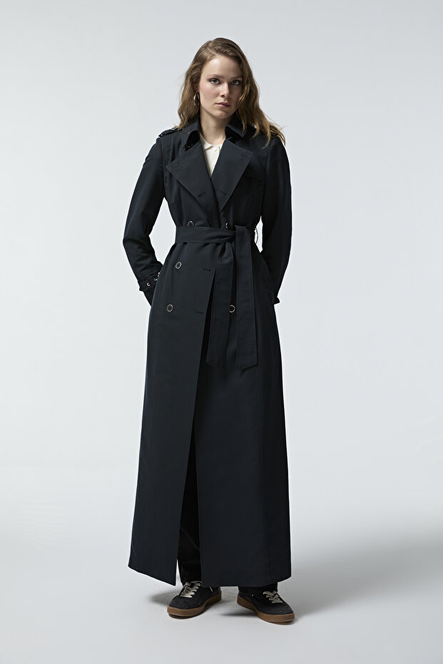 Double Breasted Collar Belted Waist Long Black Trench Coat 12528