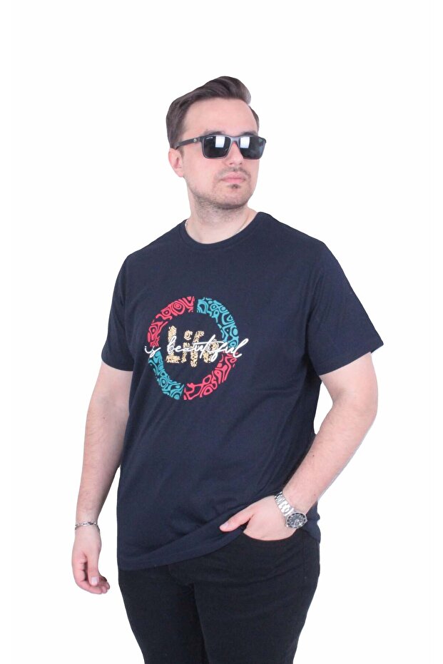 Men's Large Size Crew Neck T-Shirt Beautiful 26152 Navy Blue