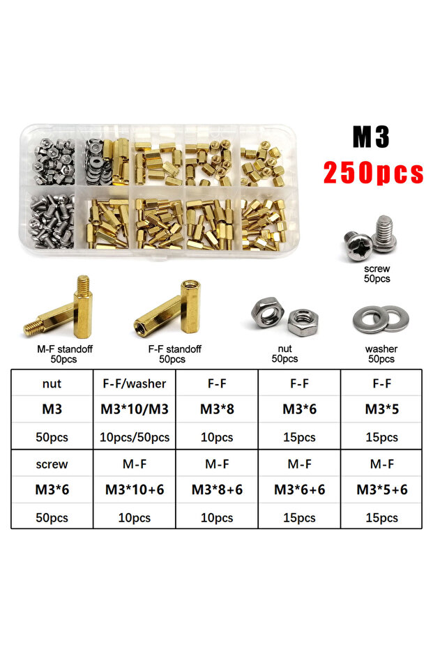 طقم M3 من 250 قطعة، مسامير وصواميل نحاسية سداسية الشكل M2 M2.5 M3 M4