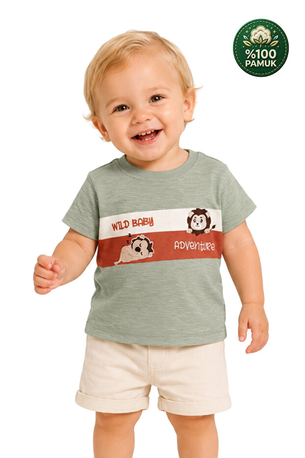 Boy's Thin Summer 100% Cotton Short Sleeve Lion Patterned Baby Boy Green T-Shirt