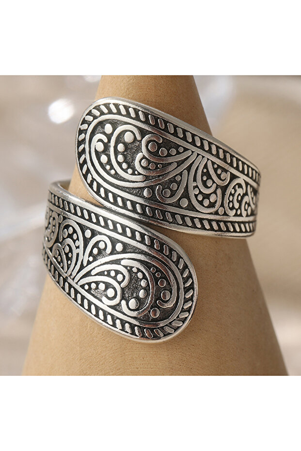 resizable Silver Plated T879 Bohemian-style Hand Carved Textured Silvery Plated Open Ring for Women