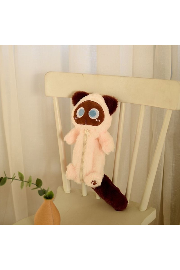 1pc Beige Plush Big-Eyed Cat Pencil Case Super Soft Fun Large Capacity Pencil Bags Multi-Functional