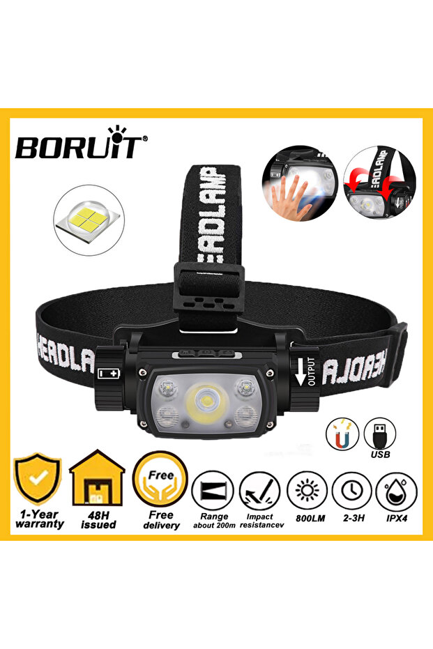 NO Battery BORUiT XHP50 LED Headlamp 2000LM XPG 18650/21700 Super Bright Motion Sensor Headlight Typ