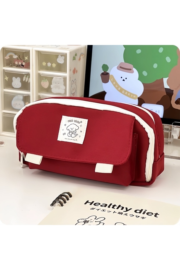 Red Cartoon Dog Pencil Bag Pen Case 4 Layer Multi Slots Mesh Storage Pouch for Stationery School A76