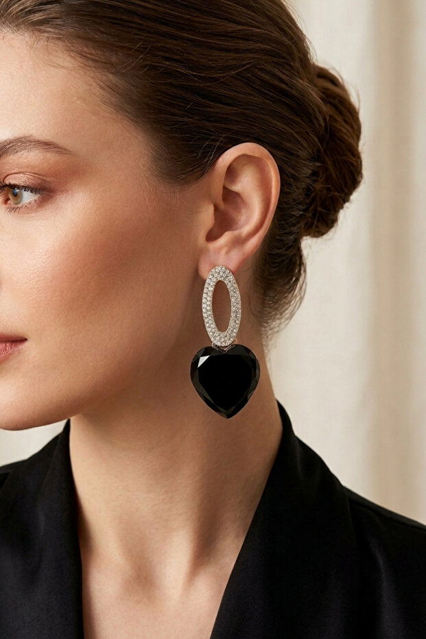Black Heart Shaped Crystal Earrings 6 Cm.