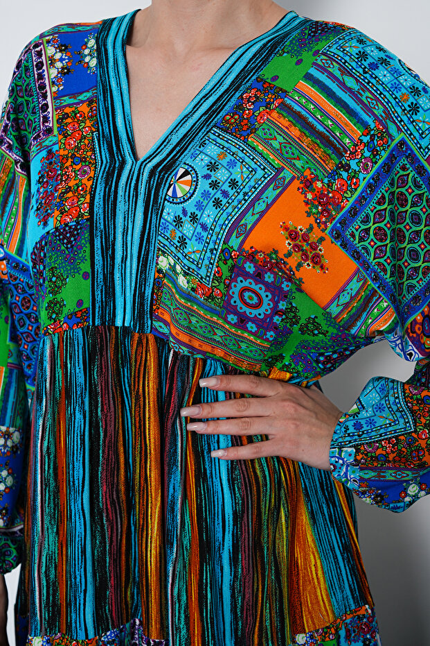 Rochie cu mânecă lungă, tip patchwork, lungime completă - 6