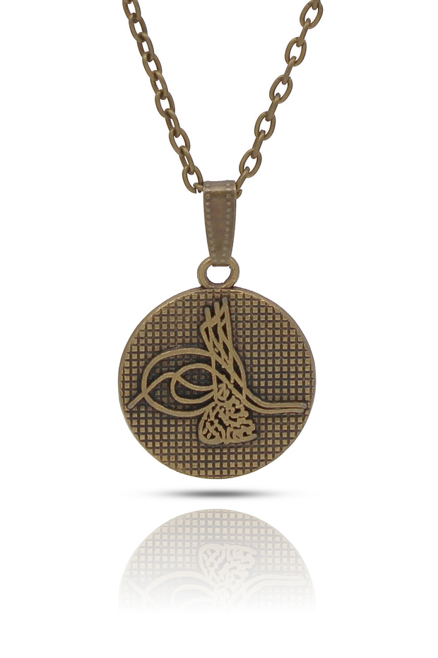 Ottoman Tugra Pendant Historical Tugra Medallion Necklace - Antique Yellow Plated with Classic Chain