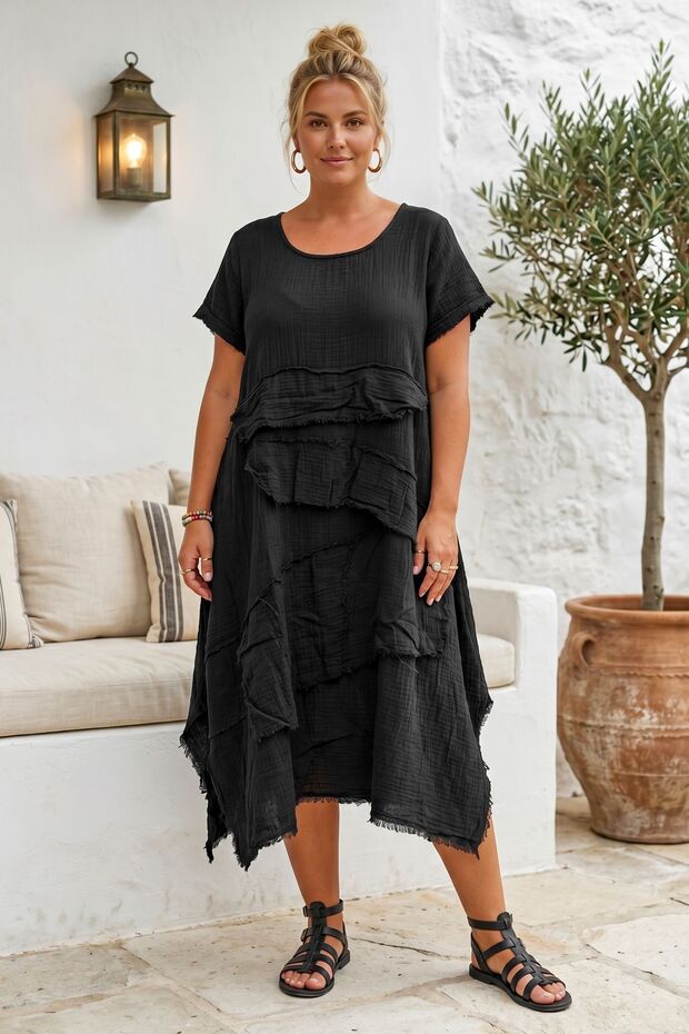 Black Pool Collar Short Sleeve Washable Segmented Casual Muslin Asymmetrical Woven Dress 125 52