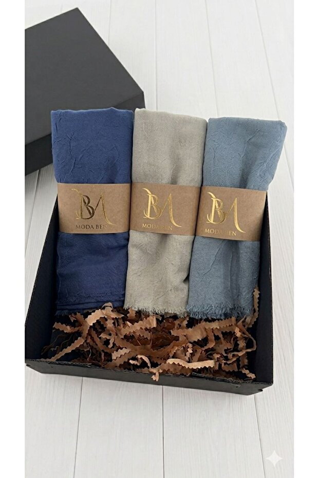 Gift Boxed 3-Piece Bamboo Shawl (Blue - Fog Blue - Stone Color)