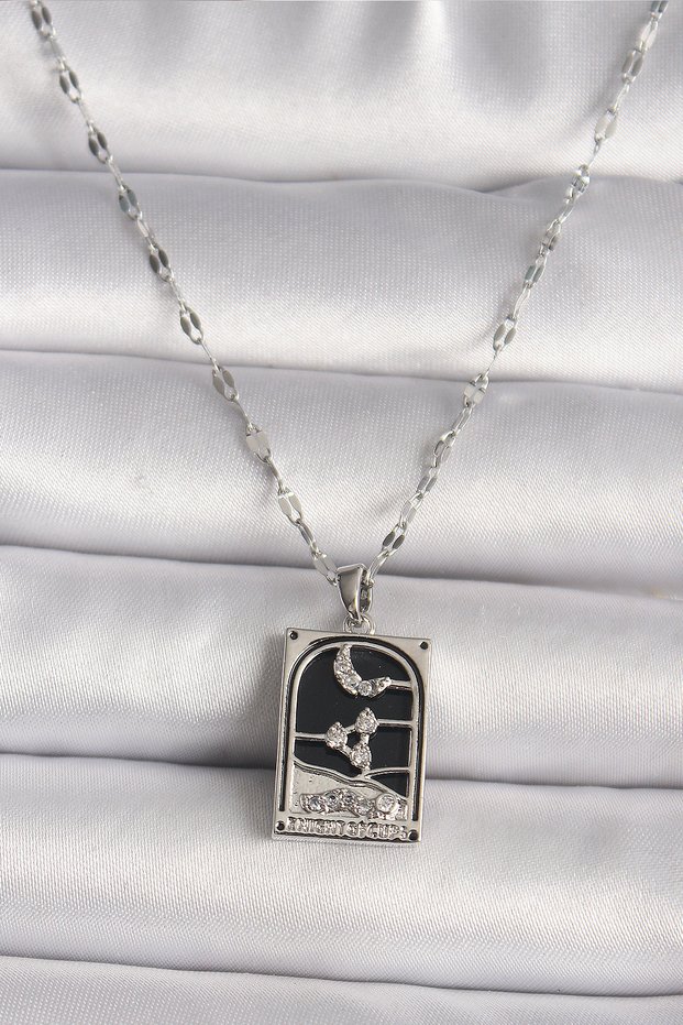 316L Steel Silver Color Zircon Stone Moon Figured Taror Model Women's Necklace 5886 - Bbbbbb3872-10