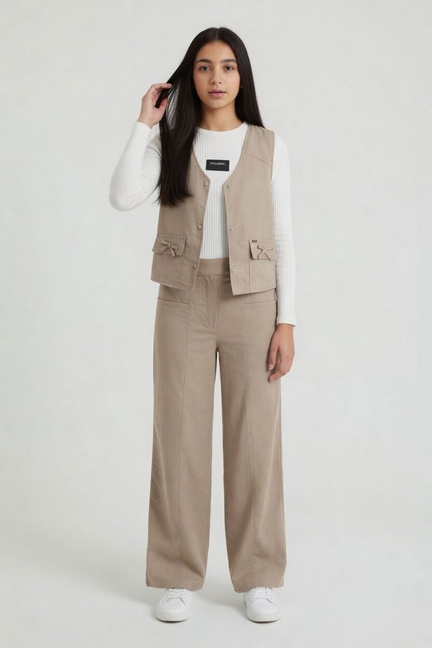 Beige Pocketed Linen Vest and High-Waisted Trousers Girl's Set 24573