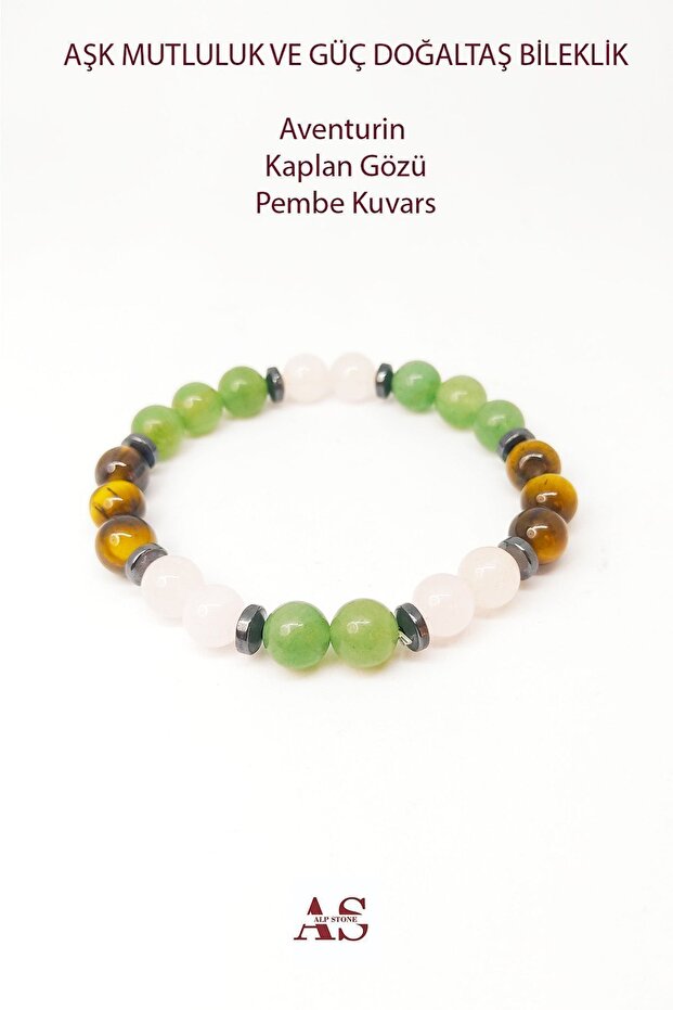 Love, Strength and Happiness Bracelet 8 mm Mixed Natural Stone Bracelet