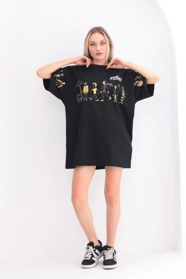 Women's Short Sleeve Summer T-Shirt Crew Neck Printed Oversize T-Shirt - Black