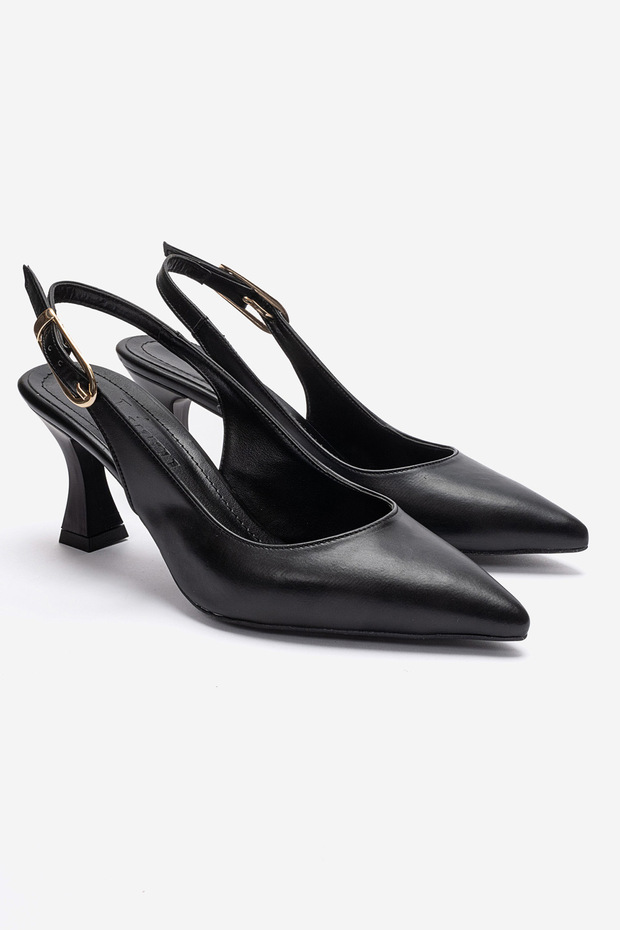 Women's Open Back Pointed Toe 7cm Heeled Shoes Black Skin