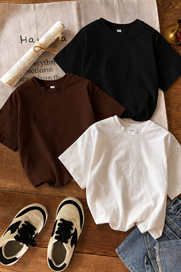 3-Pack Brown White Black Oversize T-Shirt