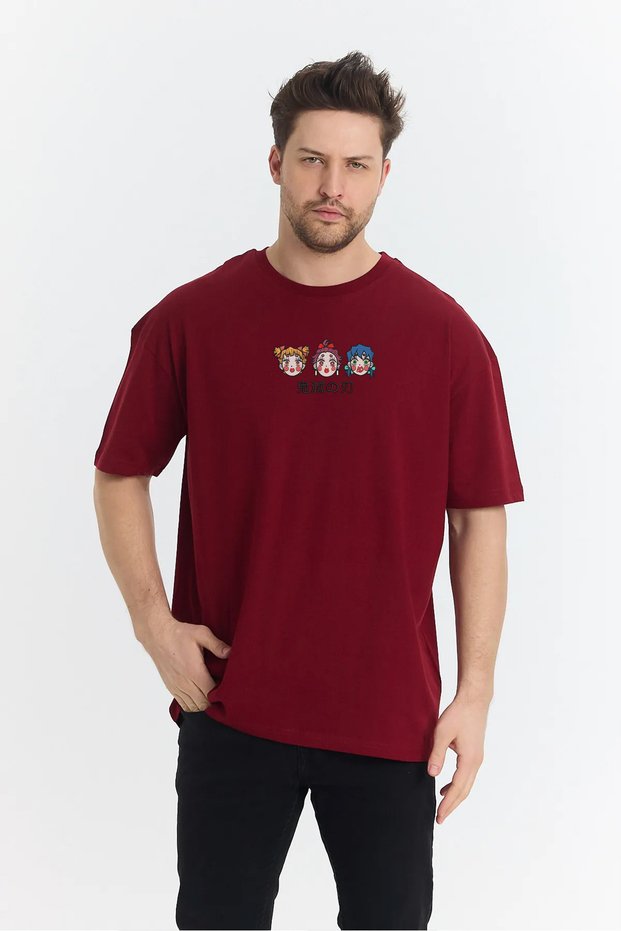 Unisex Oversize Embroidered Demon Slayer Tanjiro Zenitsu Inosuke Anime Design 100% Cotton T-Shirt