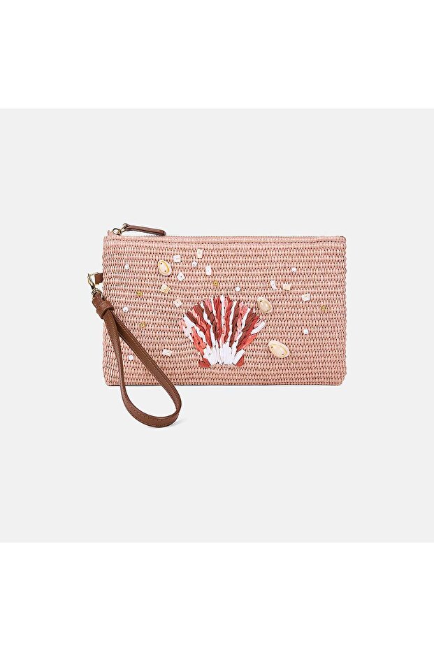 Women's Salmon Shell Accessory Straw Clutch
