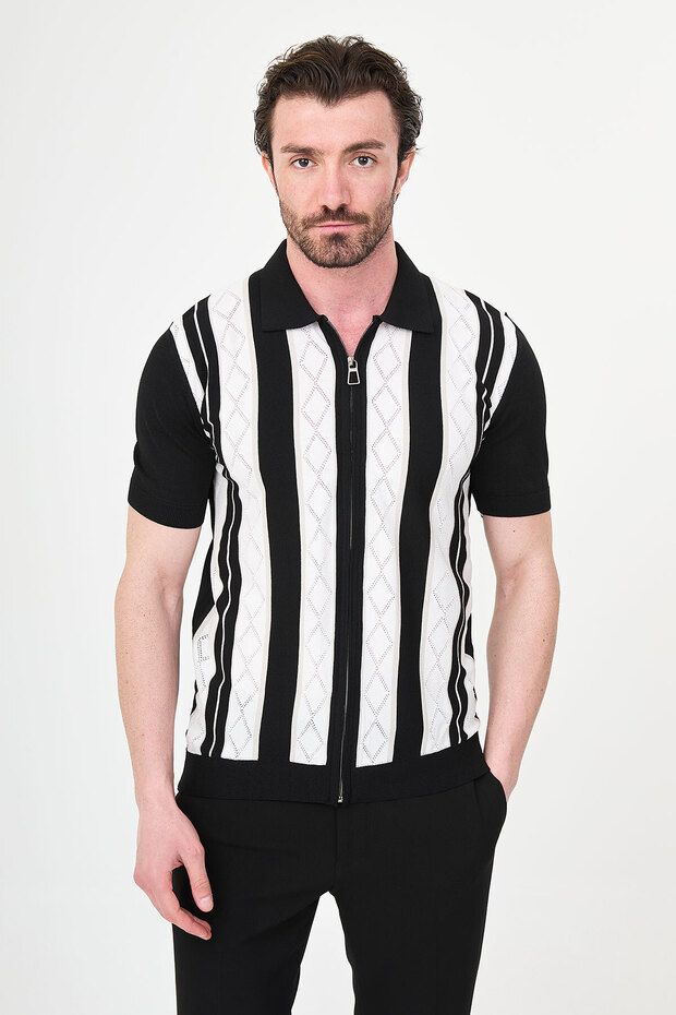 Patterned Slim Fit Polo Collar Zippered Short Sleeve Men's Knitwear T-Shirt Black - 11247.26Y