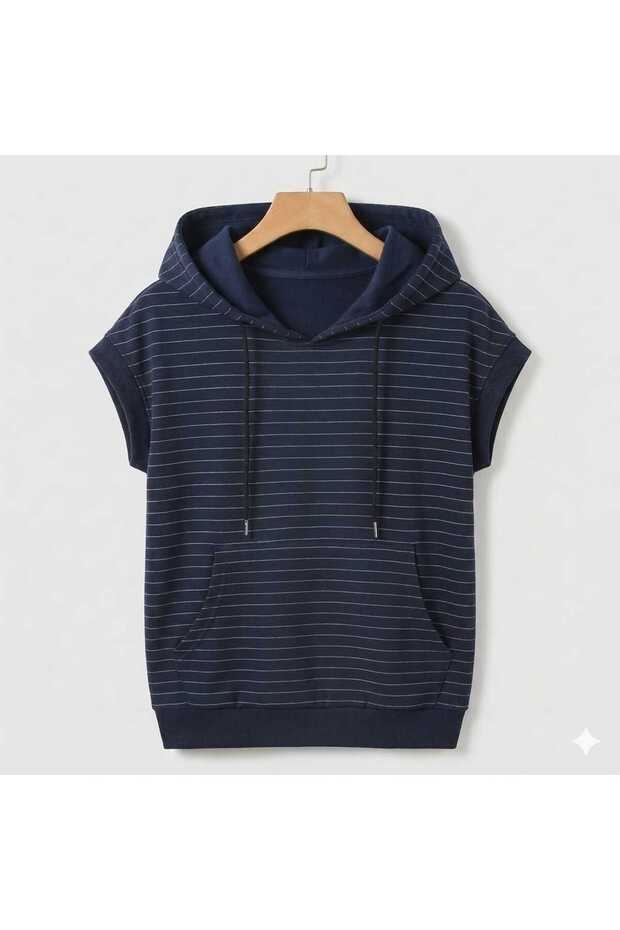 Lerixmod_Unisex Women's Men's 3-Seasons Kangaroo Pocket Hooded Bat Sleeve Navy Blue Cigarette Thin Fabric
