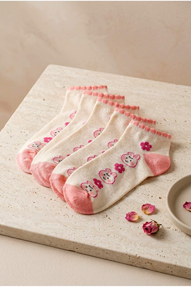 Women's Cream Pink Figured and Ruffled 5-Piece Cotton Booties Socks