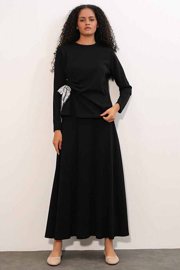 Women's Scarf Blouse Skirt Double Set 8077 - Black
