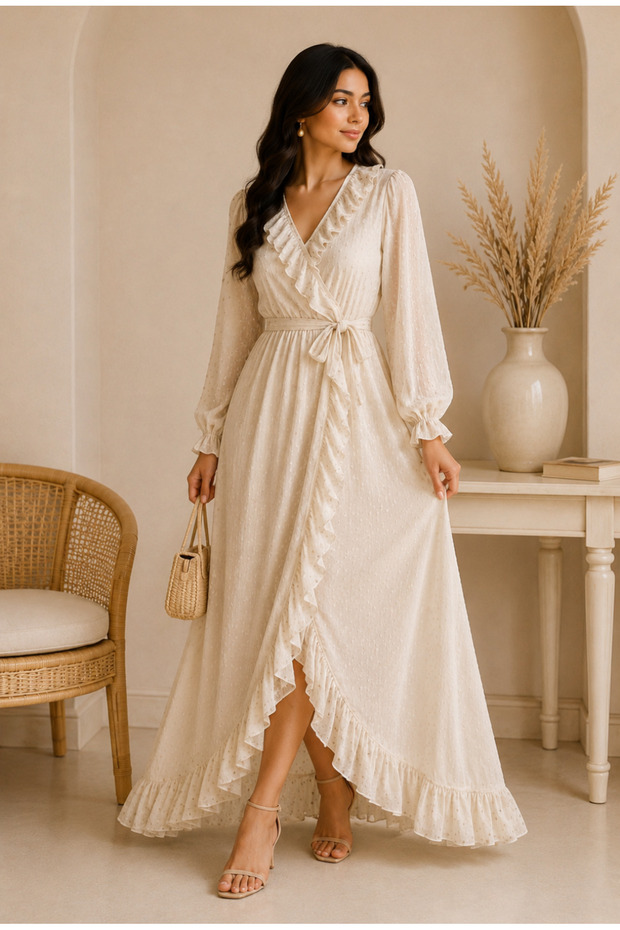 - Ivory Whisper Ruffle Wrap Maxi Dress